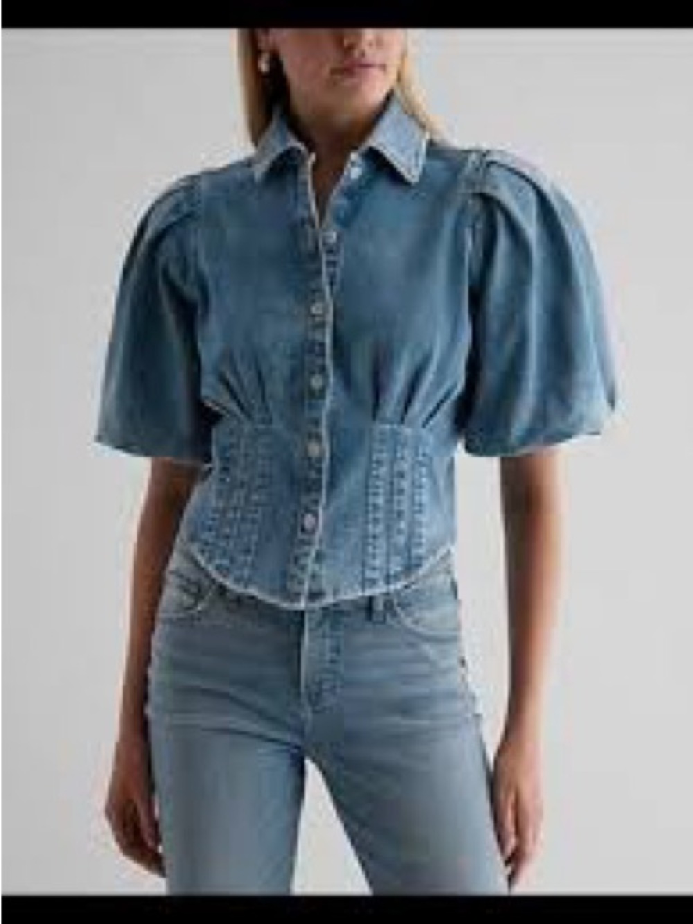 Bagatelle NWT Denim Corset Puff Sleeve Top Medium Stretch Blue